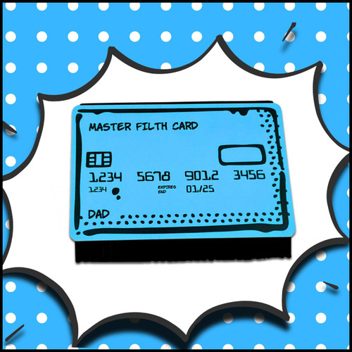 Illustrated comic-style artwork featuring the Swipe n Wipe credit card squeegee in a playful cleaning scenario.