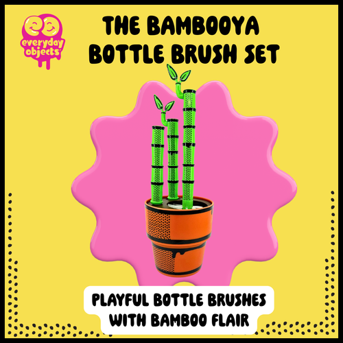Bambooya bottle brush set with comic-style branding, bamboo-inspired brushes for cleaning bottles and glassware.