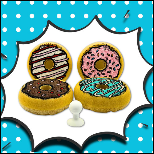 Illustrated comic artwork featuring Suds n Sprinkles donut sponges in a playful, bakery-inspired cleaning scene.