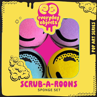 Front of Scrubaroons sponge set packaging with bold comic-style graphics and product name.