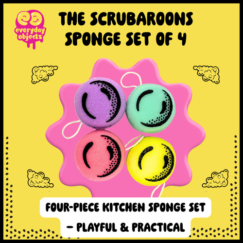 Scrubaroons sponge set of four with comic-style branding, colorful macaron-inspired cleaning sponges.