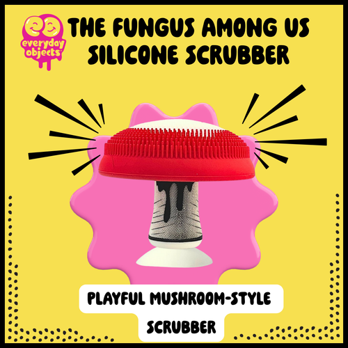 Fungus Among Us silicone mushroom scrubber with comic-style packaging, playful kitchen cleaning gift.