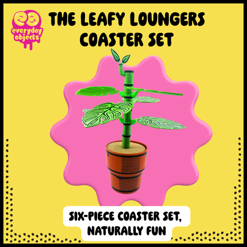 Leafy Loungers leaf-shaped coaster set with comic-style branding, playful plant-inspired drinkware accessory.