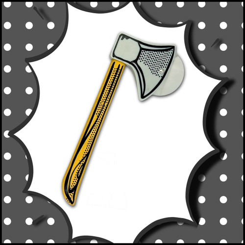 Illustrated comic artwork featuring the Slice and Dice pizza hatchet in an exaggerated, action-packed pizza scene.