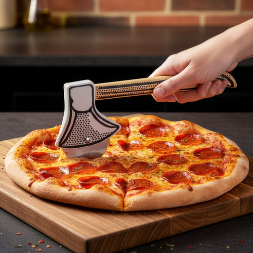 Slice and Dice pizza hatchet cutting through a fresh pizza on a cutting board.