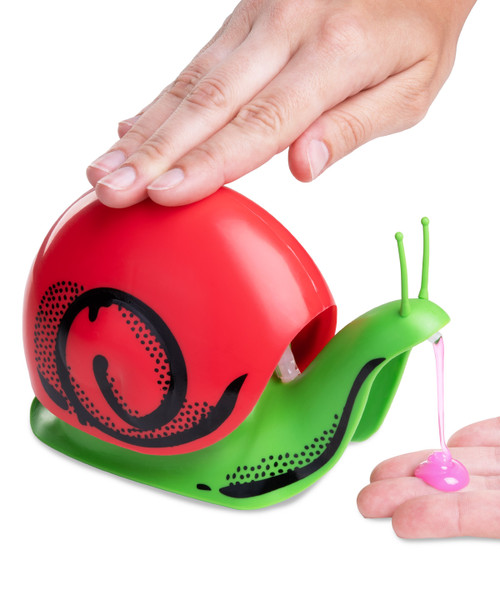 Hand pressing the Escar-Soap snail dispenser to dispense soap during handwashing.