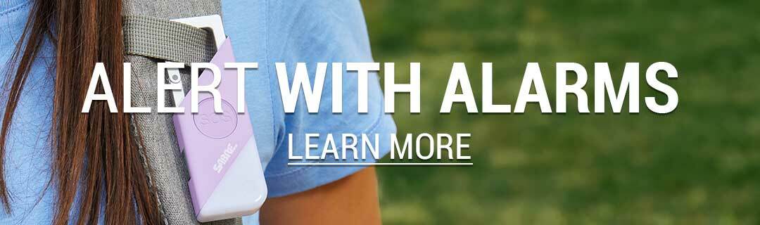 personal alarm with text that reads "Alert with Alarms Learn More"