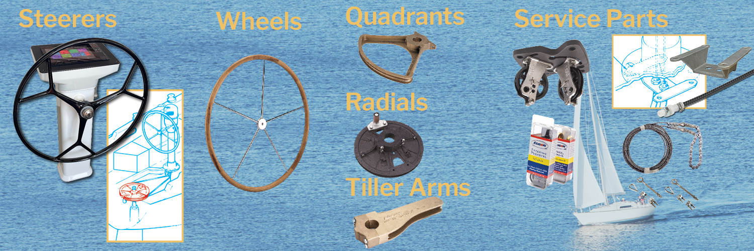 Pedestal, wheels, quadrants, tiller arms, radials, service parts, with a sailboat in the background. 