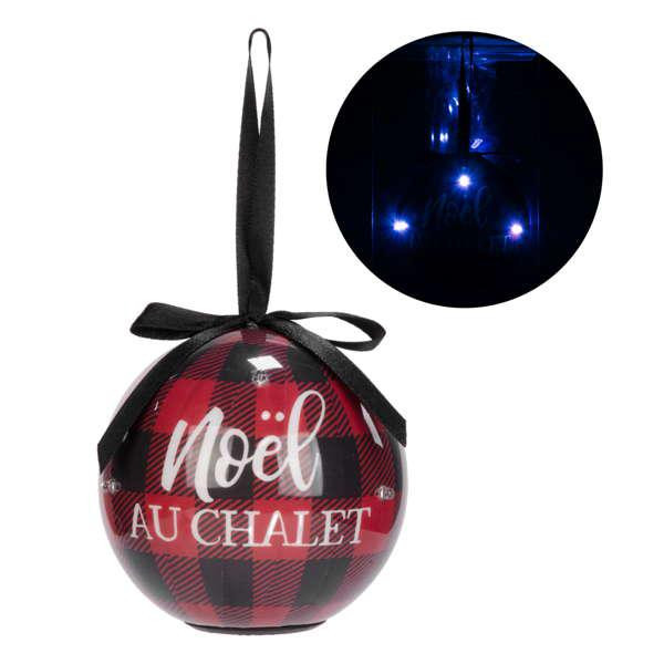 LED Noel au chalet Christmas ball ornament plaid black and red.  Battery included.