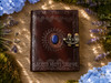 Top view of Eye of Magick handmade leather journal featuring ornate hand-tooled designs, blue stone centerpiece, and antiqued metal clasp.
