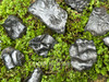 Group of natural hematite specimens arranged on greenery, highlighting metallic gray shine and grounding energy