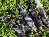 Close-up of four Chevron Dream Amethyst Athames resting in greenery under sunlight, highlighting chevron amethyst crystal detail and polished star-crowned handles.
