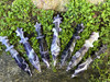 Six Chevron Dream Amethyst Athames lying on a bed of greenery with a rock base, showcasing polished amethyst ritual tools with star-crowned handles.