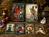 Dark Wood Tarot deck displayed with companion book, cards, crystals, natural elements on a rustic wooden tabletop illuminated by warm candlelight.