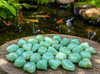 Collection of large polished Natural Aquamarine tumbled stones displayed beside a tranquil koi pond in a natural outdoor setting.