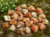 Natural Honey Calcite rough stones displayed on a weathered stone surface surrounded by soft moss and clover, showcasing warm golden, amber, and creamy honey tones with natural crystalline textures.