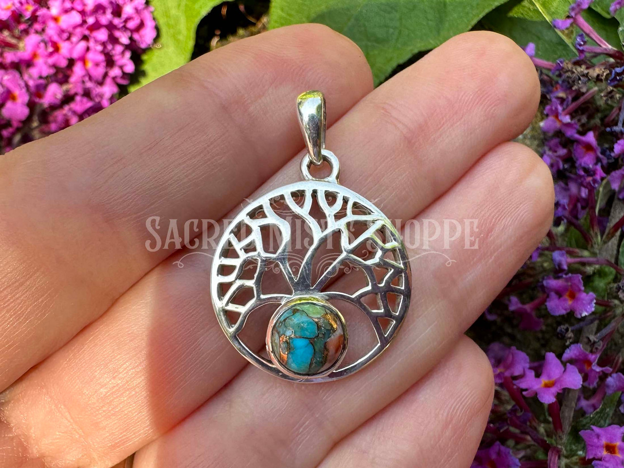 Tree of Life Spiny Oyster Turquoise Pendant in Sterling Silver for
