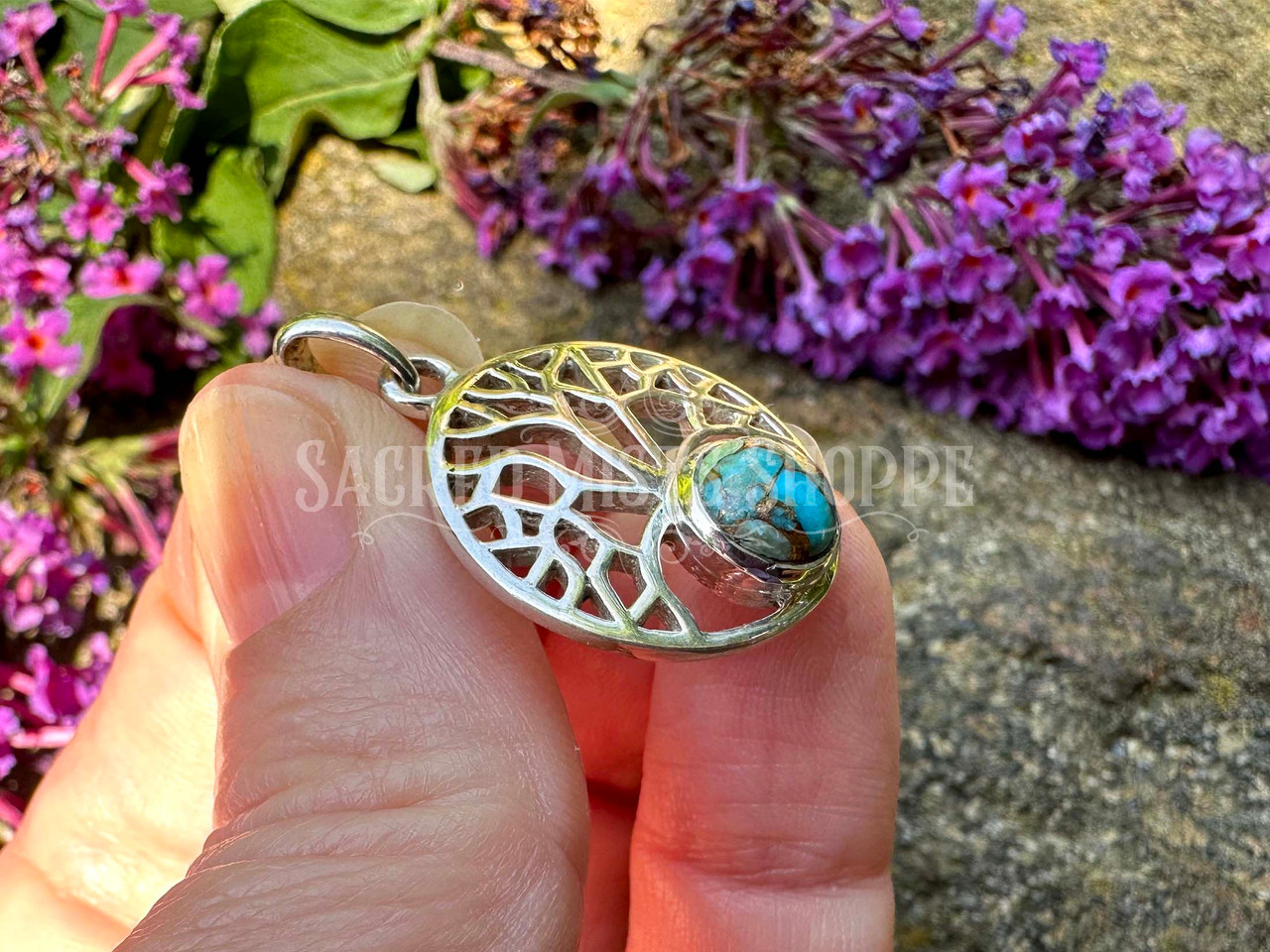 Tree of Life Spiny Oyster Turquoise Pendant in Sterling Silver for