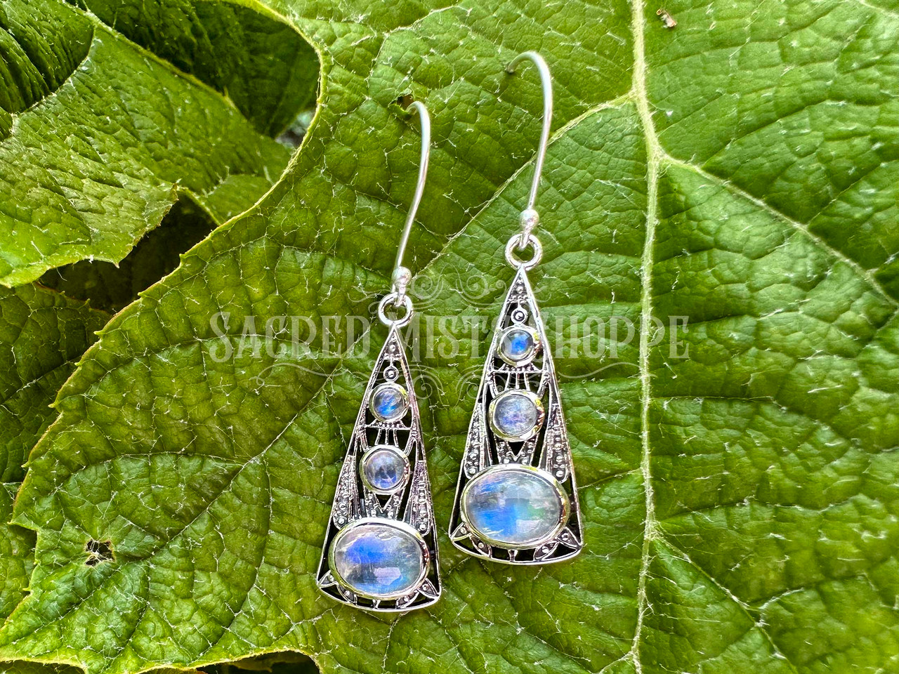 Ethereal Rainbow Moonstone Sterling Silver Dangle Earrings for