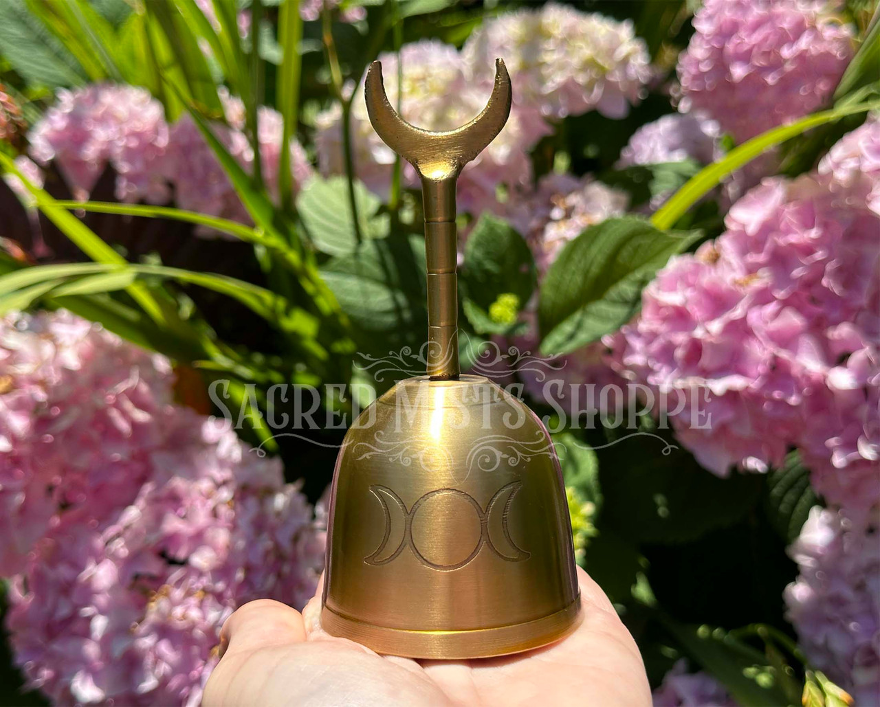 Melody of the Moon Bell Triple Goddess Brass Altar Bell with Crescent