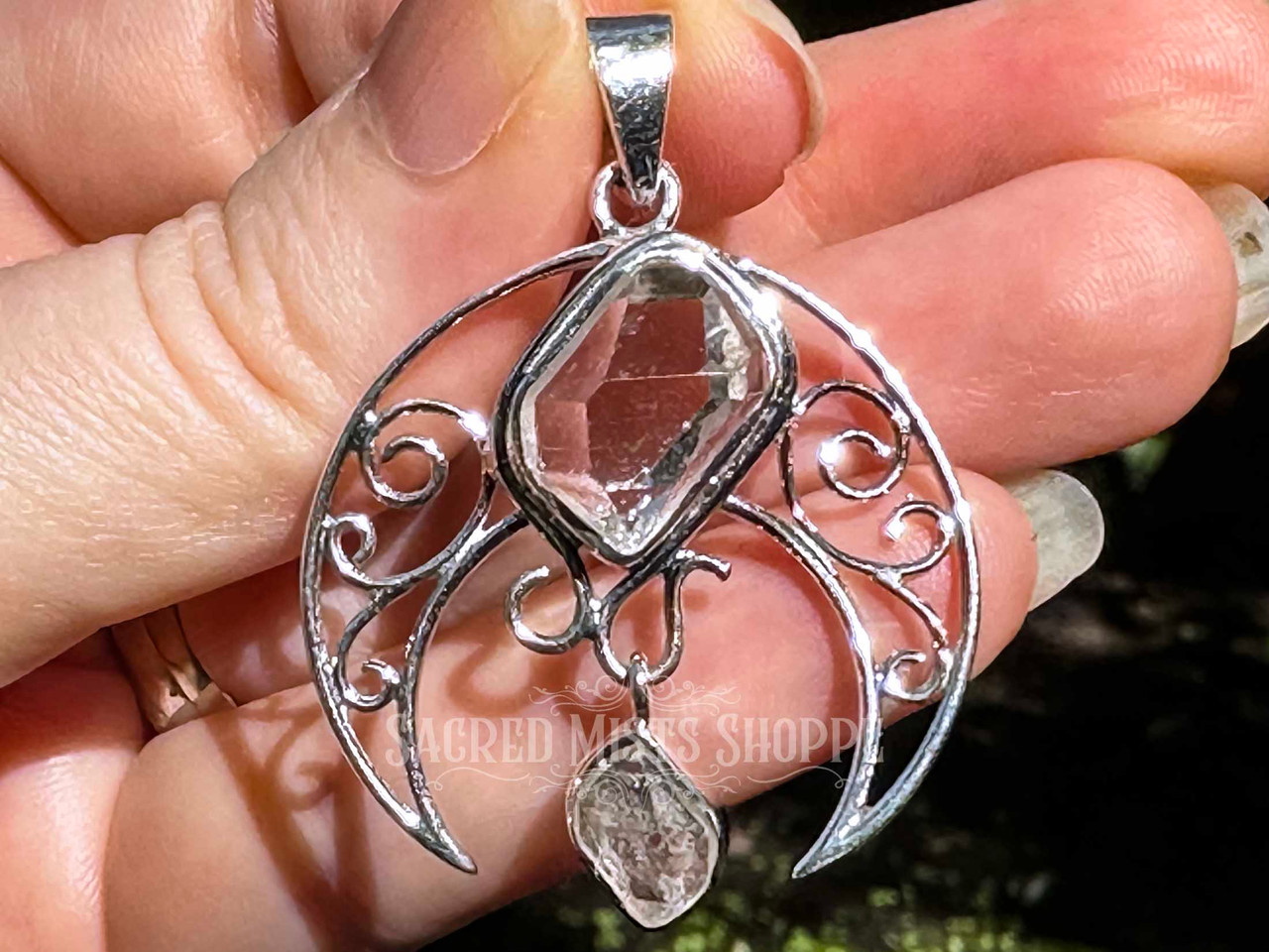 Celestial Herkimer Diamond Faceted Drop Crescent Moon Pendant in 