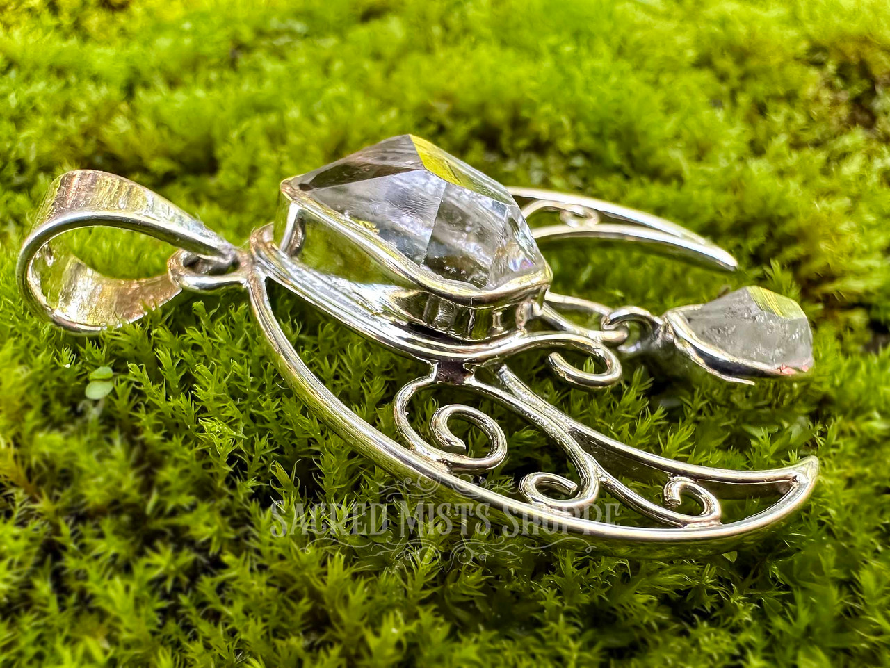 Celestial Herkimer Diamond Faceted Drop Crescent Moon Pendant in 