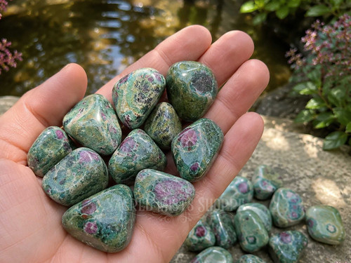 Ruby in Fuchsite tumbled stones resting in a hand, showing natural size, polished finish, and distinctive ruby crystals within green Fuchsite.