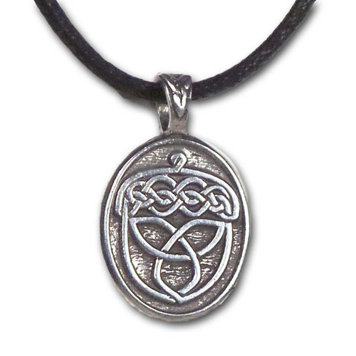 one celtic knot acorn pewter pendant with leather handmade necklace resting on a white background showing the front design.