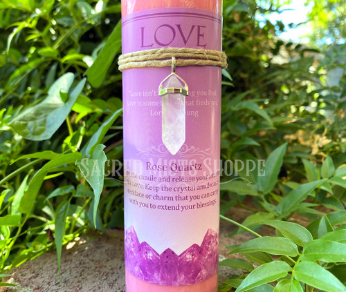 Beautiful with a vibrant pink wax, this pillar candle is ready to support your ritual and spellwork to call in love and attraction to your life. Included with this candle is a lovely double-terminated green aventurine crystal pendant to wear your enchantment daily. 

Place this candle on your altar for your ritual or spellwork. Light it and breathe in the scent as you work and release your intention to the Universe for manifestation. Wear your amulet as a charm or carry it with you to extend the blessings and remind you of your work.