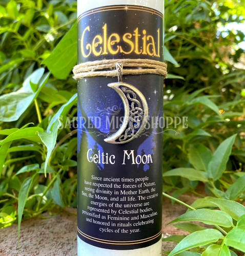 Celtic Moon Pillar Candle with Pewter Celtic Crescent Moon Pendant for Connections, Moon Magick