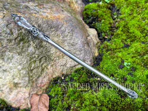 Pentacle ritual wand cast in lead-free pewter with fine silver and adorned with a genuine faceted Austrian crystal featuring a pentacle. Wicca and witchcraft altar tool.