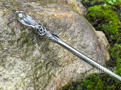 Celestial Spiral Wand Handmade Pewter with Quartz Crystal for