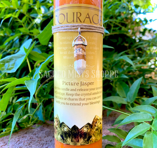 Courage Pillar Candle with Picture Jasper Gemstone Pendant for Finding Courage, Moving Forward. Stunning in orange wax, this pillar candle is ready to support your ritual and spellwork for finding courage through all steps in your life. Included with this candle is a beautiful double-terminated picture jasper crystal pendant so you can wear your enchantment daily.