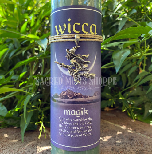 Beautiful in warm green wax, this pillar candle is ready to support your ritual and spellwork for adding magick to your life. Included with this candle is a beautiful pewter witch pendant so you can wear your enchantment daily. 

Place this candle on your altar for your ritual or spellwork. Light it and breathe in the scent as you work and release your intention to the Universe for manifestation. Wear your amulet as a charm or carry it with you to extend the blessings and remind you of the work you are doing.