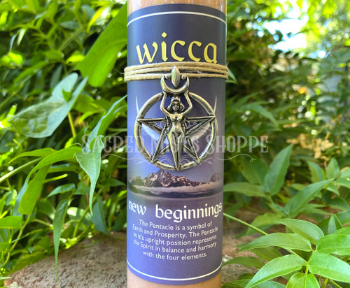 Beautiful with a creamy golden wax, this pillar candle is ready to support your ritual and spellwork to surround yourself with the focused intention for new beginnings and the energy to make it happen. Included with this candle is a lovely pentacle with the goddess drawing down the moon pendant of pewter to wear your enchantment daily. 

Place this candle on your altar for your ritual or spellwork. Light it and breathe in the scent as you work and release your intention to the Universe for manifestation. Wear your amulet as a charm or carry it with you to extend the blessings and remind you of your work.