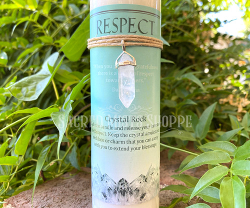 Beautiful with a creamy white wax, this pillar candle is ready to support your ritual and spellwork to surround yourself with tranquility, facilitating a greater sense of intention and amplifying respect. Included with this candle is a lovely double-terminated quartz crystal pendant to wear your enchantment daily.

Place this candle on your altar for your ritual or spellwork. Light it and breathe in the scent as you work and release your intention to the Universe for manifestation. Wear your amulet as a charm or carry it with you to extend the blessings and remind you of your work.