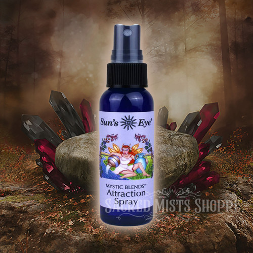 One bottle of Attraction Ritual Mist superimposed over an illustration of crystals.