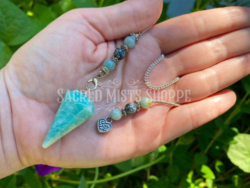 Amazonite and Celtic Heart Hexagonal Pendulum for Harmony, Communication, Psychic Readings, Decision Making, Finding Lost Items, Intuition