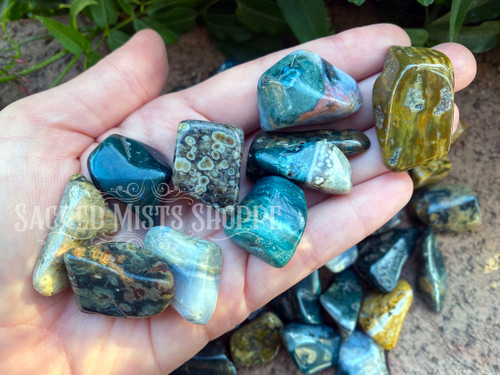several medium sized ocean jasper stones lie on an open palm with several ocen jasper tumbled stones lie on brickwork with greenery showing across the top of the photo.