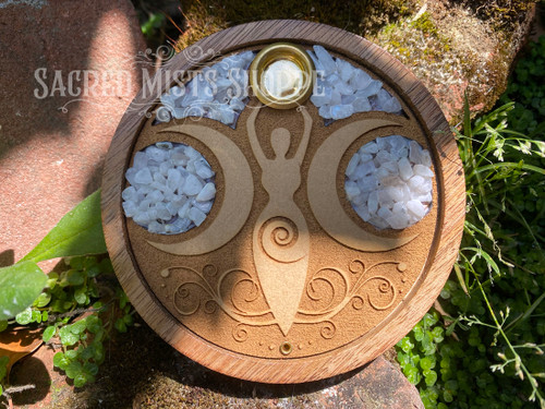 Moon Goddess Incense & Mini Candle Holder with Rainbow Moonstone Inlay Round Laser Etched for Rituals, Sacred Space, Meditation, Witchcraft