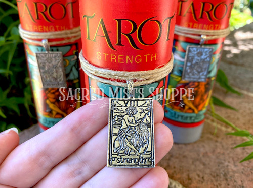 Strength Tarot Pillar Candle with Pewter Pendant for Courage, Willpower, Fortitude, Self-Control, Patience, Spells, Altar, Candle Magick