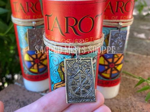 Wheel of Fortune Tarot Pillar Candle with Pewter Pendant for Fate, Transformation, Chance, Karma, Ritual, Spells, Altar, Candle Magick