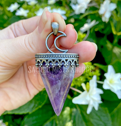 Amethyst & Labradorite Crescent Moon, Tibetan Silver Crystal Pendant for Energy Transmutation, Magick, Psychic Skills, Spirituality, Healing
