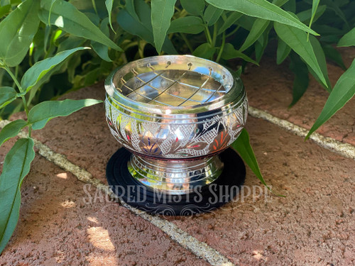 Silver Incense Burner with Colorful Etchings for Resin Incense, Stick Incense, Cone Incense, Charcoal, Smudge Pot, Smudge Bowl, Altar Bowl