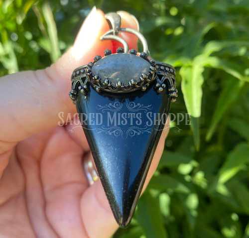 Black Agate & Labradorite Crescent Moon, Tibetan Silver Crystal Pendant for Protection, Shielding, Magick, Psychic Skills, Spirituality