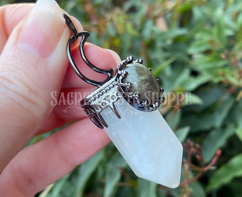 Quartz & Labradorite Hexagon Point with Tibetan Silver Crescent Moon Pendant for Clarity, Magick, Memory, Self-Mastery, Spirit, Balance