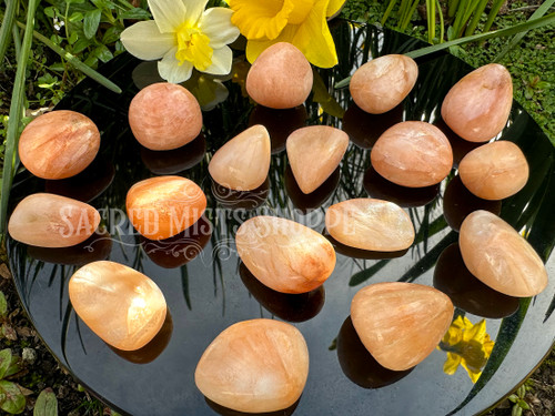 Several stilbite tumbled crystals lie on an obsidian mirror with filtered sunlight, in the background is greenery with daffodil flowers.