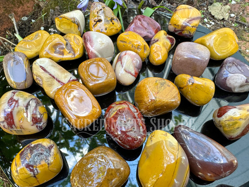 Several tumbled mookaite jasper crystals rest on a black obsidian mirror lying on moss covered bricks showing a variety of size, shape and color.