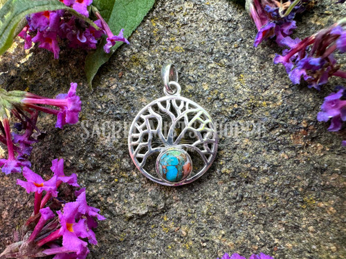 Tree of Life Spiny Oyster Turquoise Pendant in Sterling Silver for Strength, Courage, Purification, Throat Chakra, Reduce Anxiety, Clarity