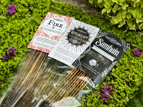 One package of each fragrance in our Samhain and Halloween Curated Incense Collection anglOne of each fragrance in our Samhain and Halloween Curated Incense Collection shown angled to the right: Fire with Ceylon Cinnamon and Heartwood, Witchcraft with Zanzibar Spice and Vanilla Sugar, and Samhain with Pumpkin Chai and Honeyed Cream.ed to the right-Fire featuring Ceylon Cinnamon and Heartwood, Witchcraft featuring Zanzibar Spiece and Vanilla Sugar, and Samhain featuring Pumpkin Chai and Honeyed Cream.